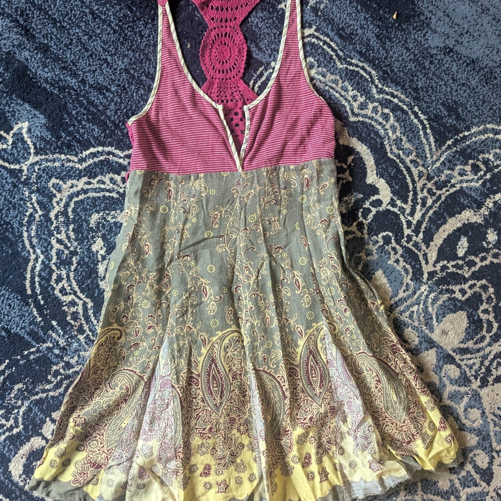 Free People Bohemian Paisley Dress with Crochet Racer Back